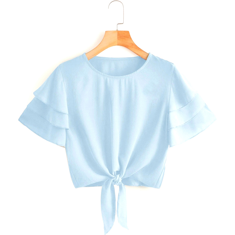 Layed Sleeve Knot Hem Crop Blouse