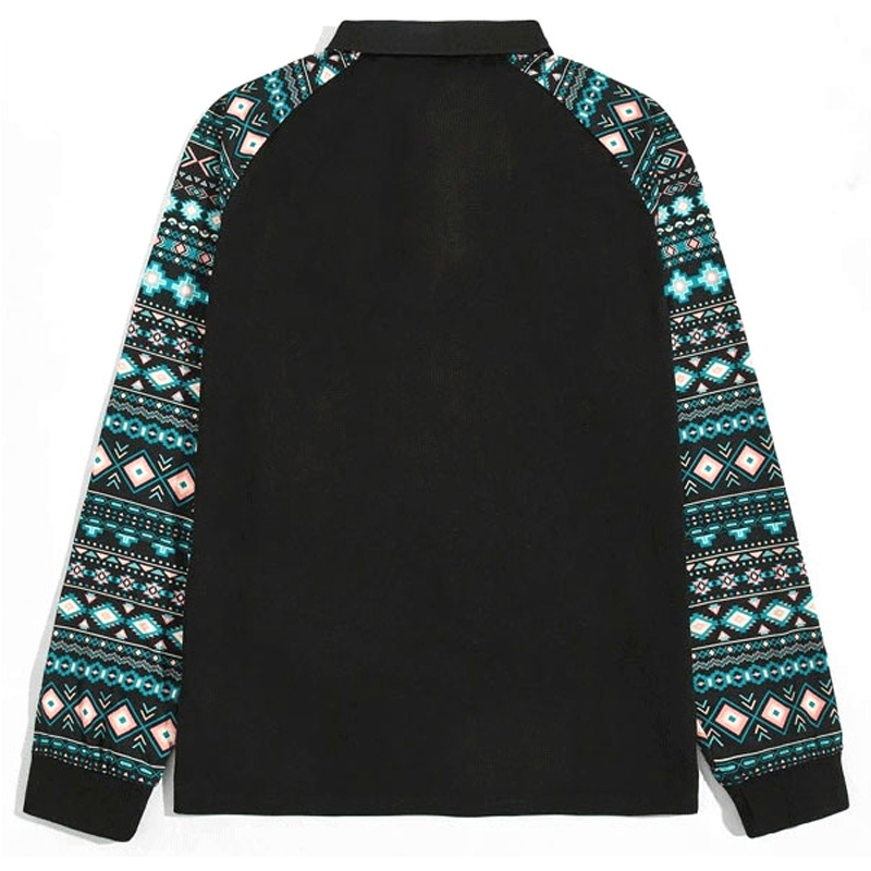 Geometric Print Raglan Sleeve Polo Shirt